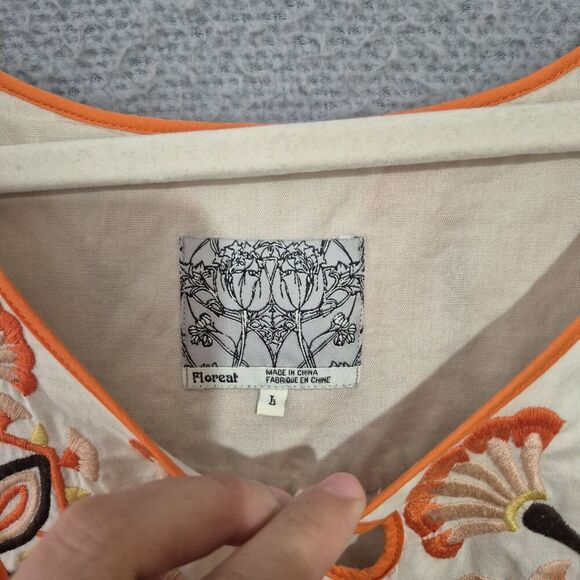 FLOREAT ANTHROPOLOGIE Women's Khaki Orange Embroidered Short Shift Dress L - Picture 2 of 11